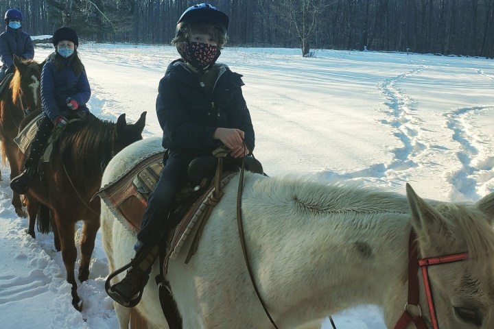 a person riding a horse in the snow